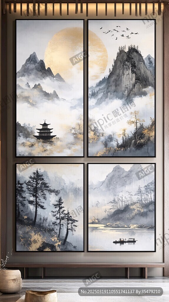 山水画四屏风