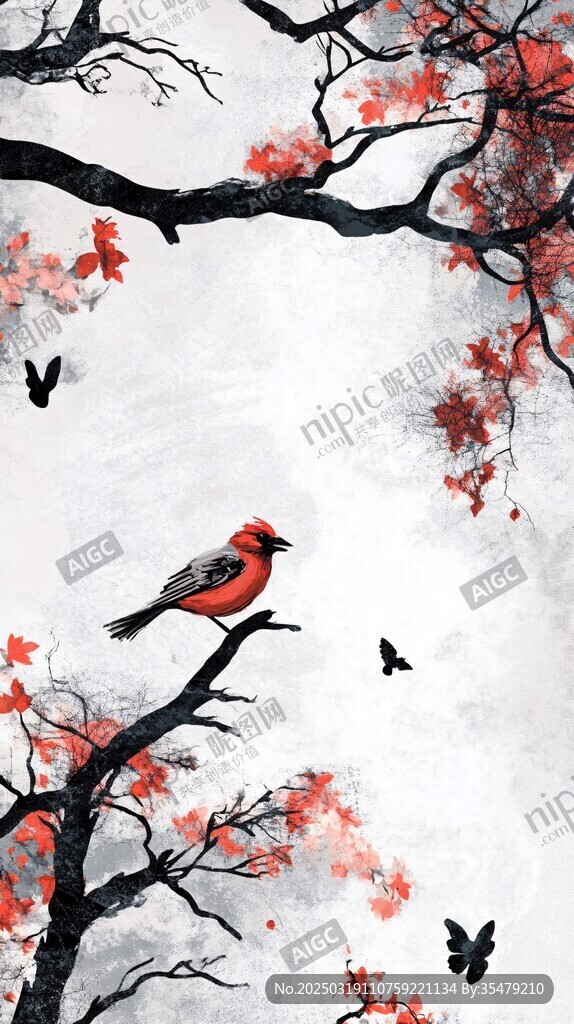 红鸟梅花诗意图