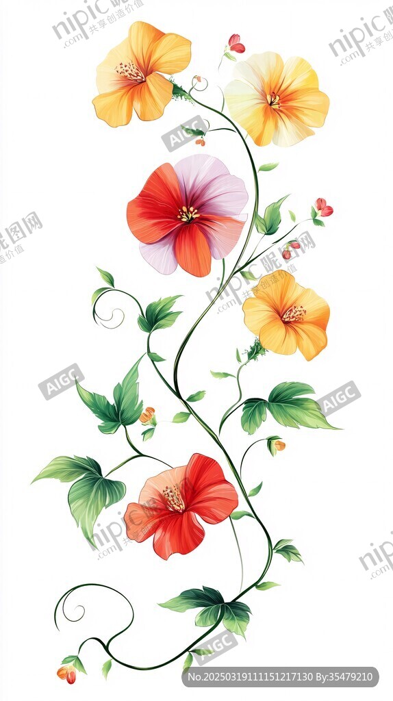 五彩缤纷的花朵与绿叶藤蔓