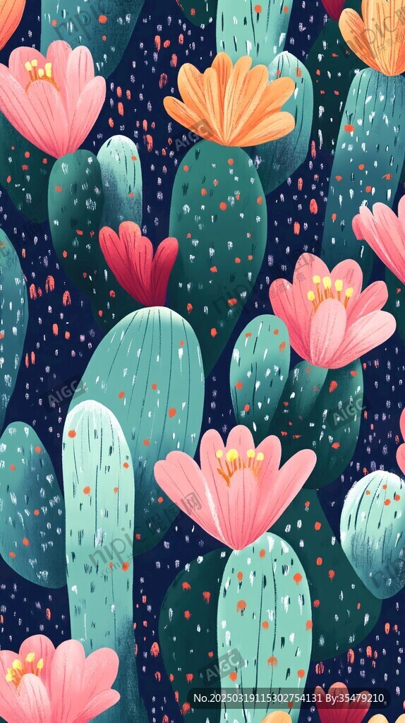 仙人掌与花朵的绚丽图案
