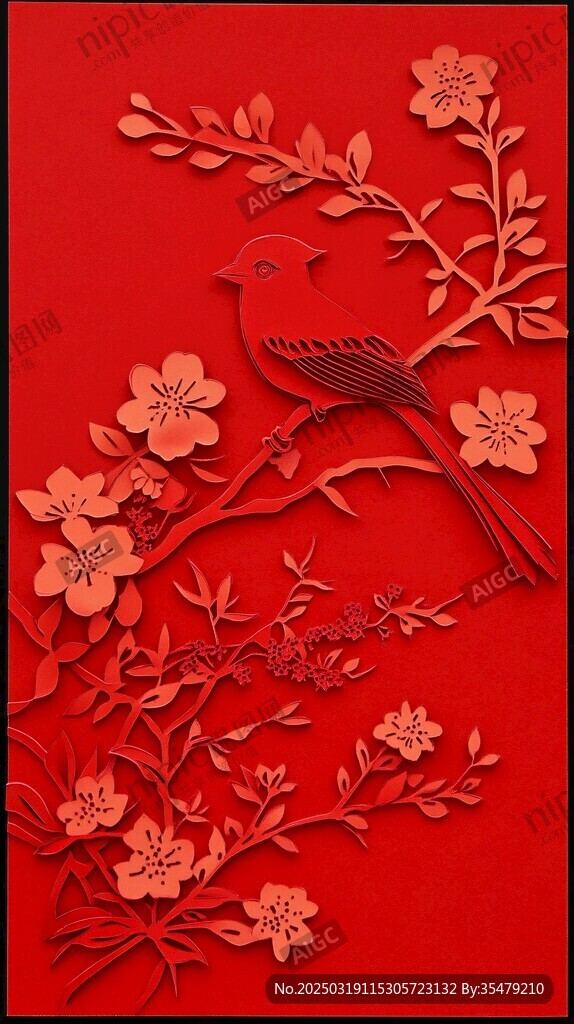 红色剪纸艺术作品 鸟与花