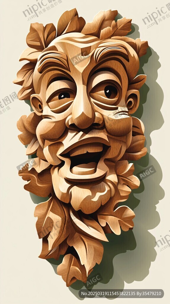 木雕人脸与树叶