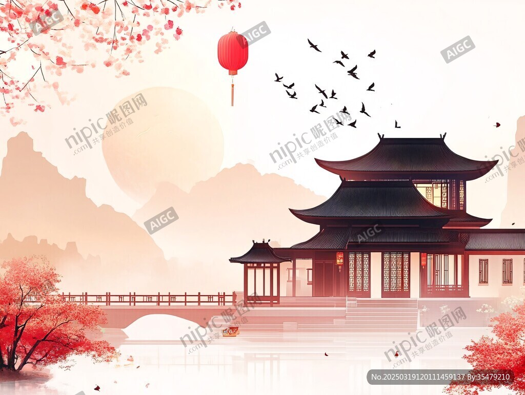 中国风古建筑山水画