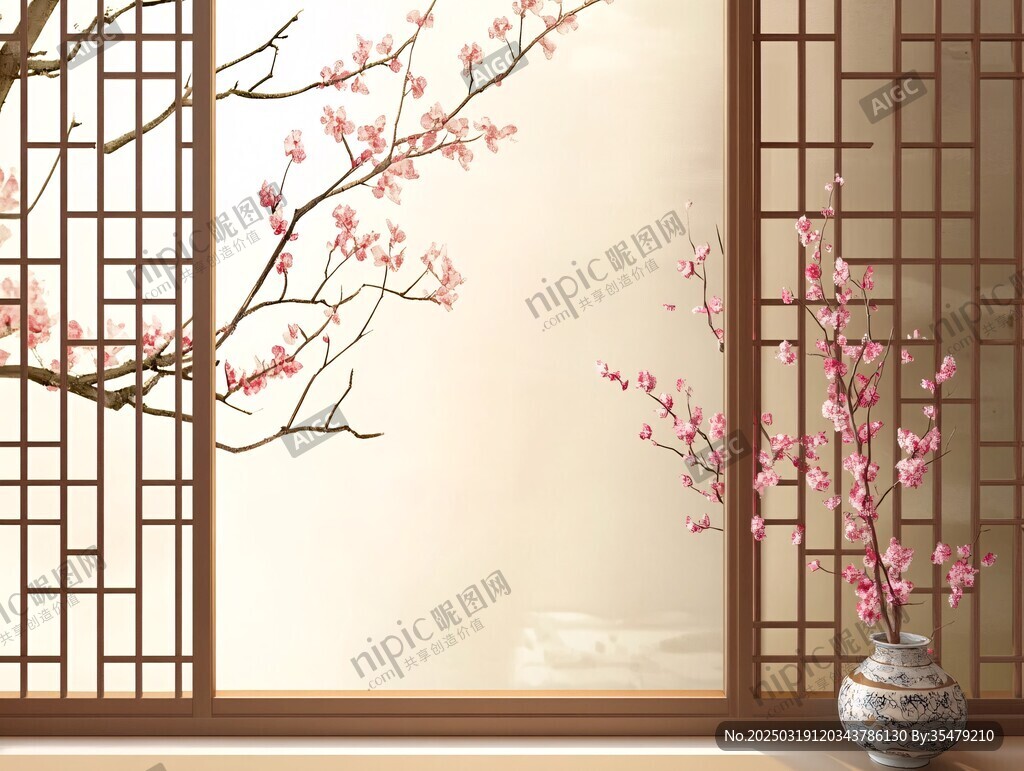 春日里 窗外的梅花与陶瓷花瓶