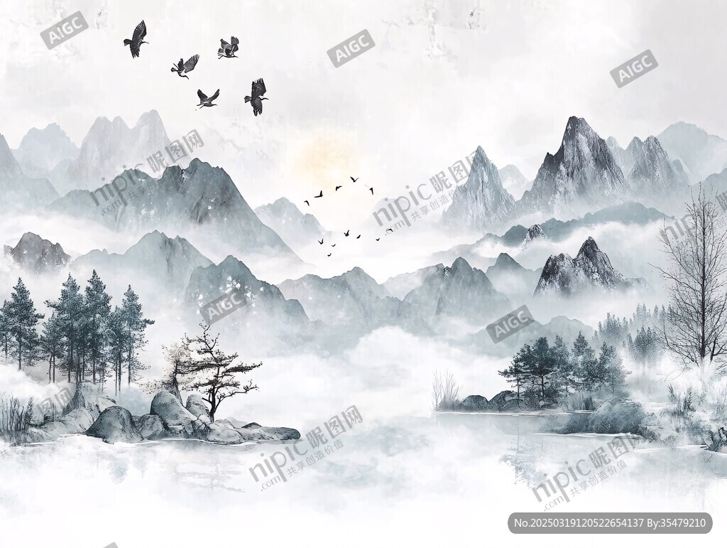 山水画中的飞鸟与孤岛