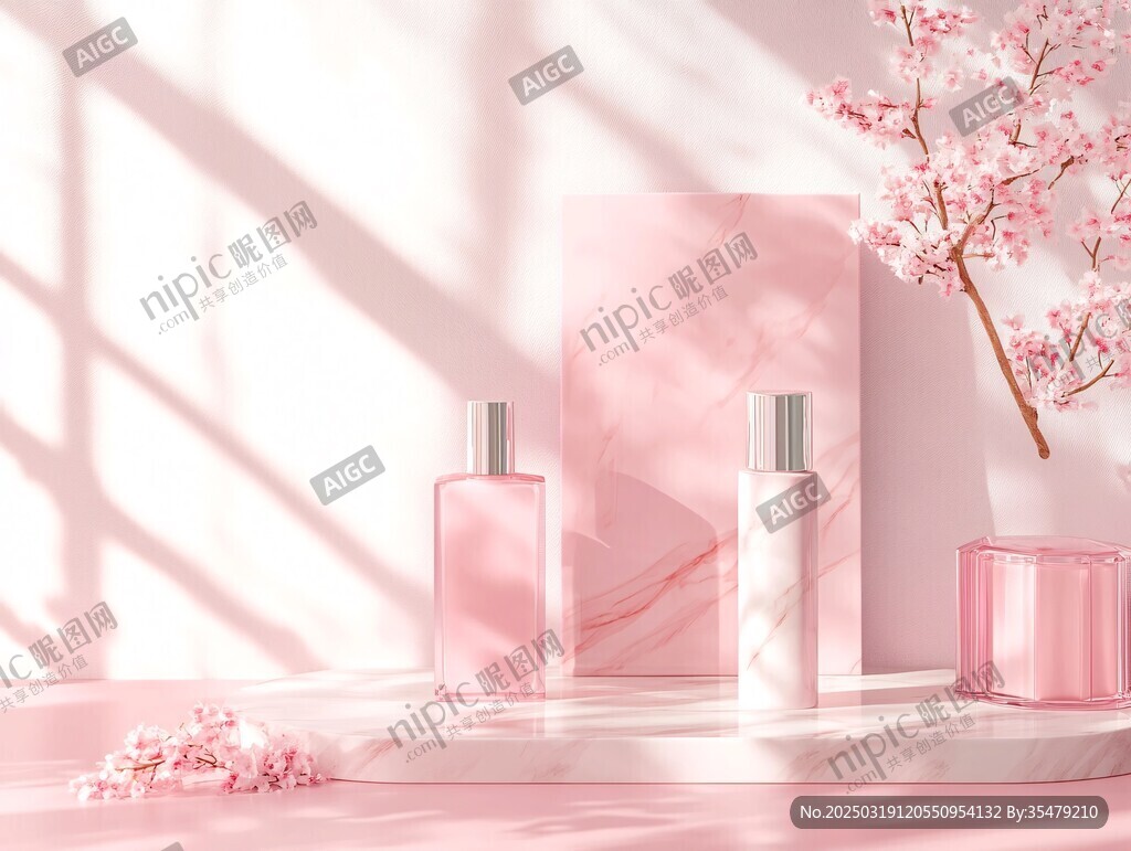 粉色调的化妆品展示