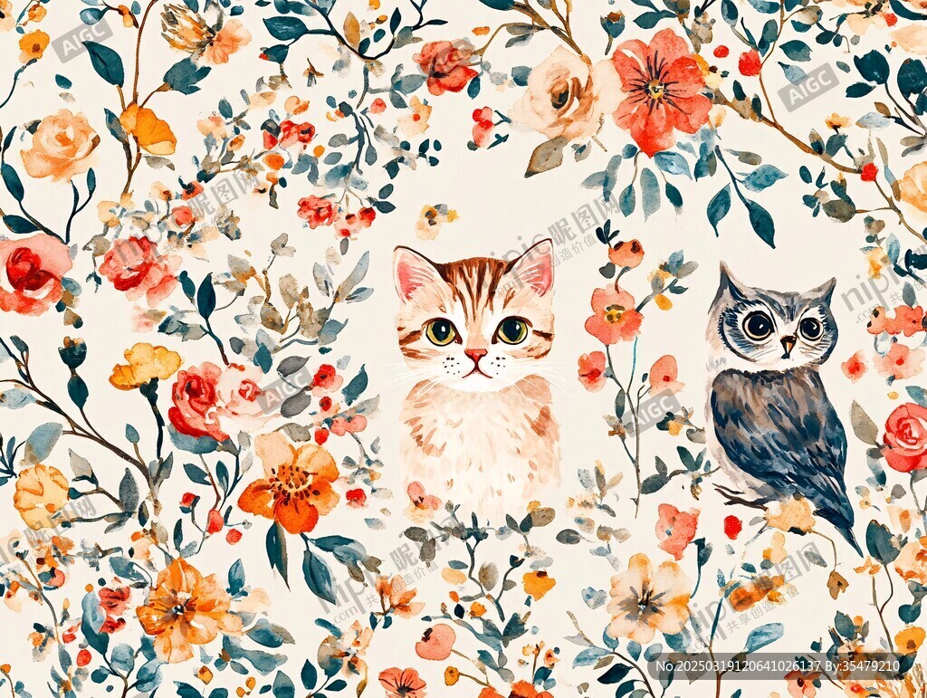 花卉中的猫和猫头鹰