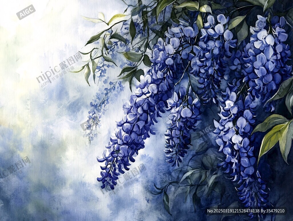 紫藤花卉水彩画