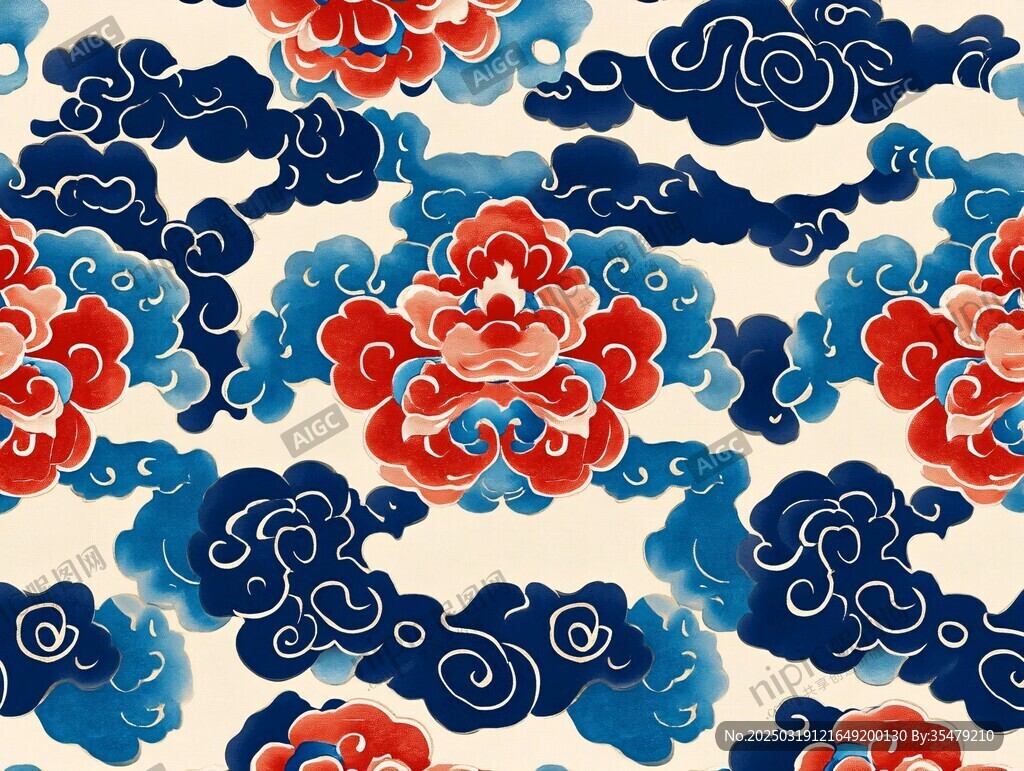 云朵与花卉的传统图案