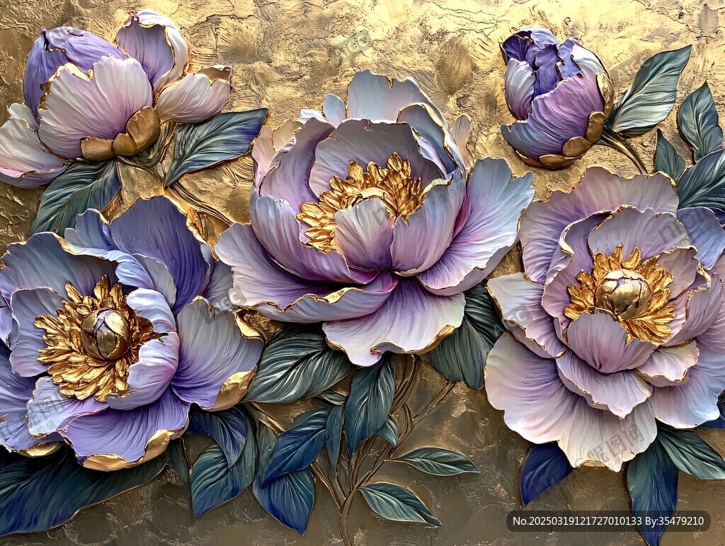 金色背景上的紫色花朵