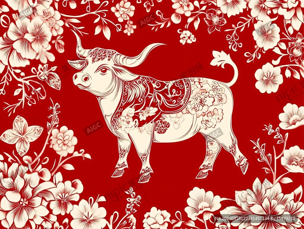 红色背景上的白色花卉图案牛