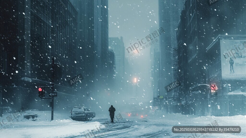 暴风雪中的城市街道