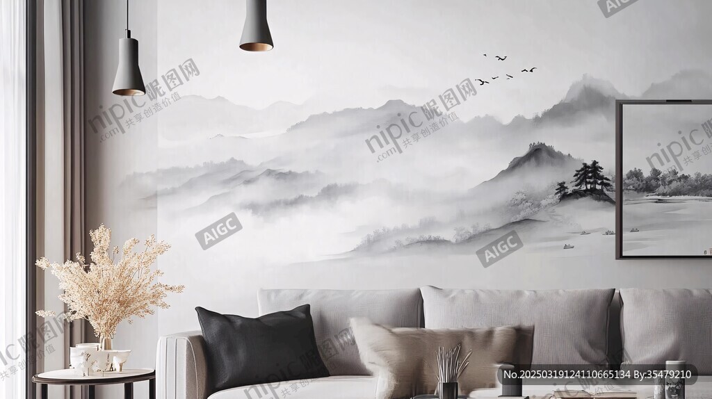 现代简约风格的客厅 墙面装饰有抽象的山水画