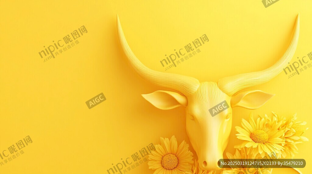 黄色调的牛头雕塑与花朵