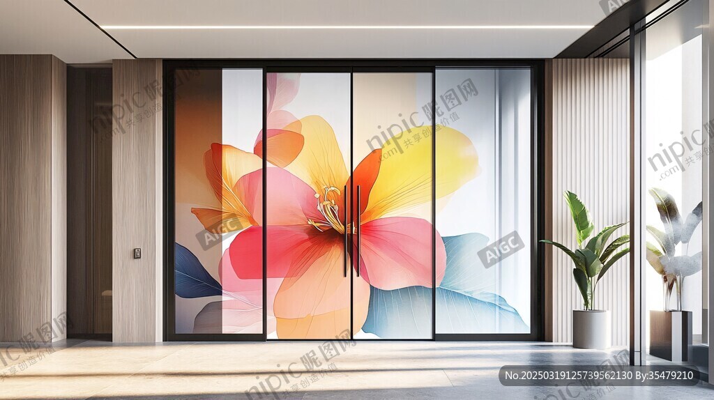 彩色花卉玻璃门设计