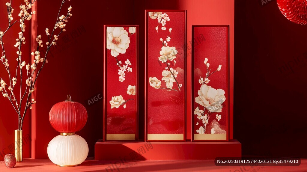 红墙花卉艺术屏风