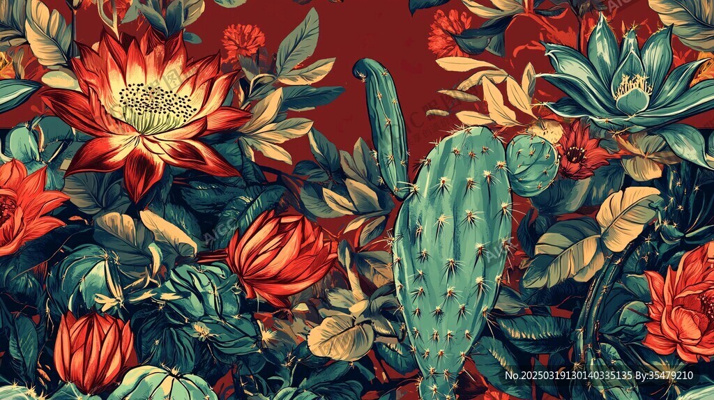 仙人掌与热带花卉的复古图案