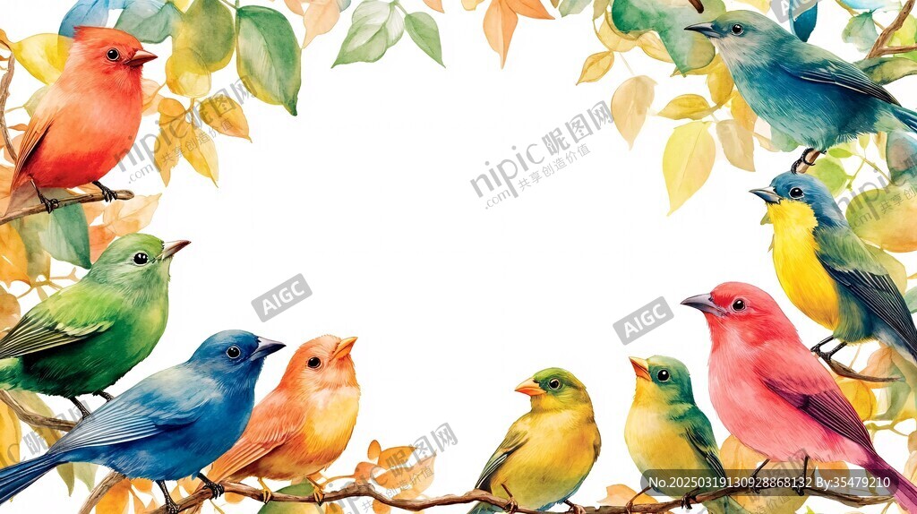 五彩斑斓的鸟儿与树叶