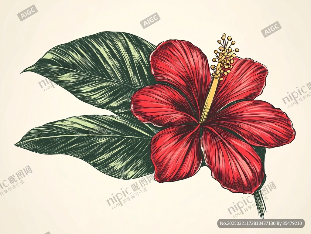 红色木槿花与绿叶