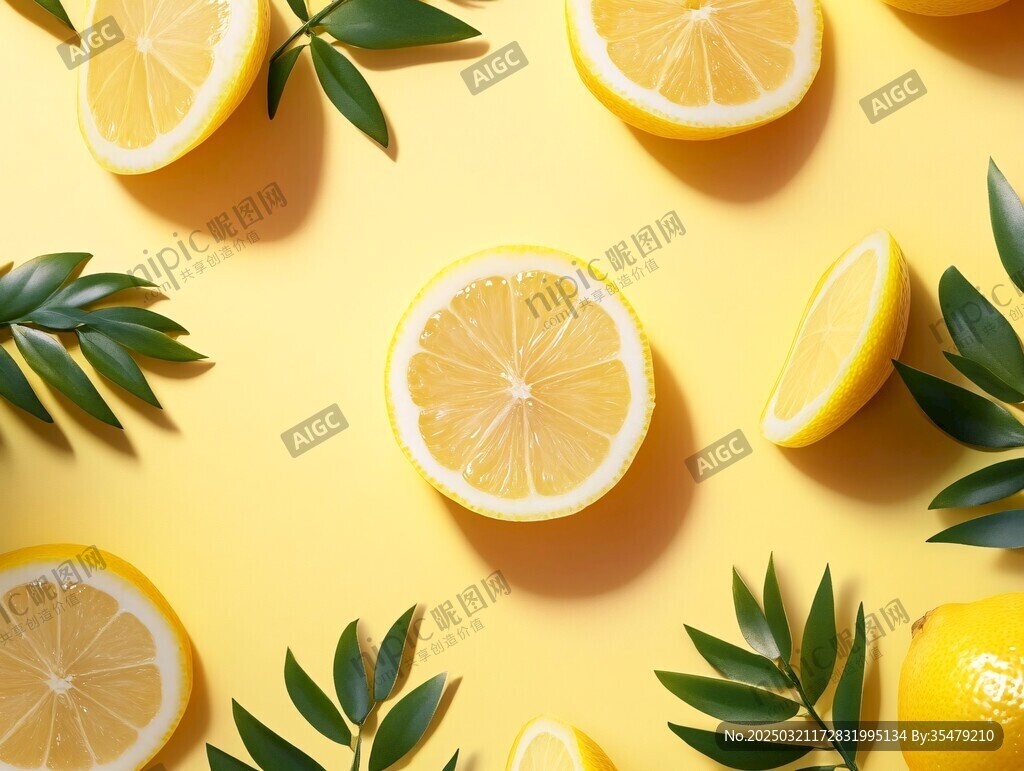 鲜柠檬与绿叶在黄色背景上的艺术布局