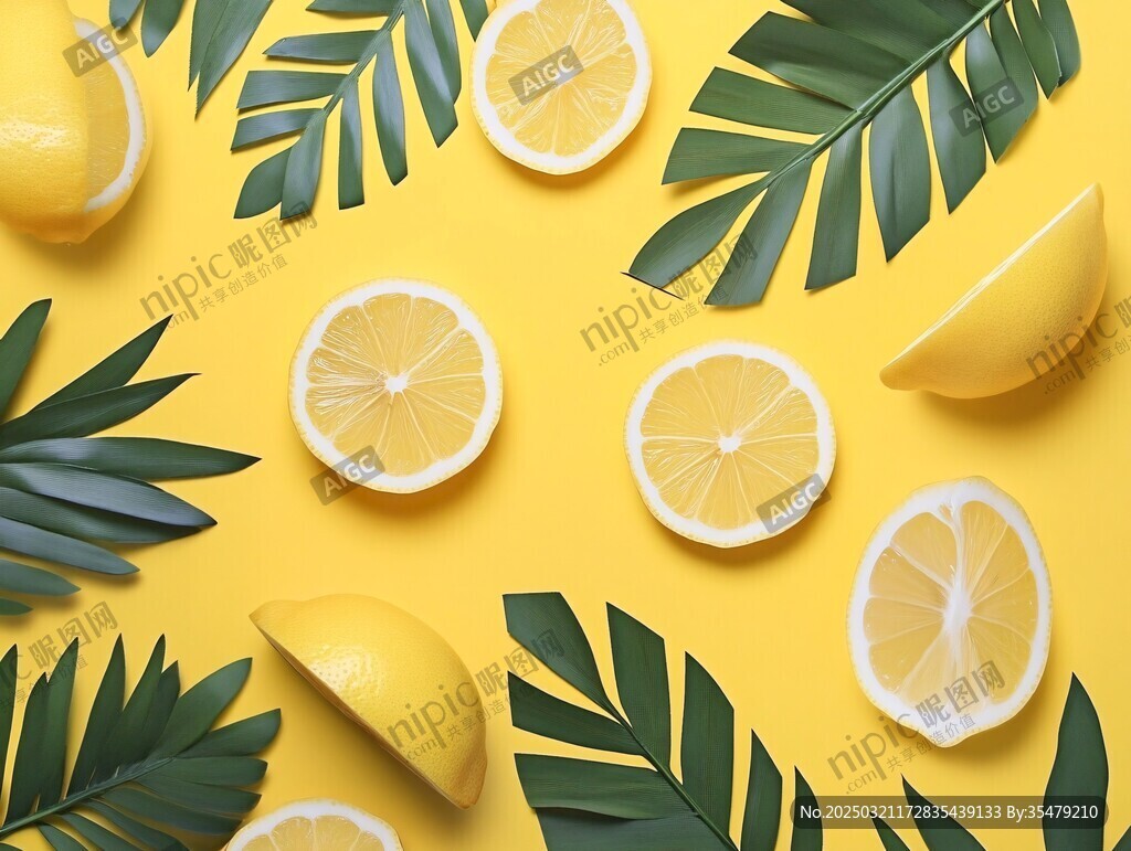 鲜柠檬与绿叶在黄色背景上的活力组合