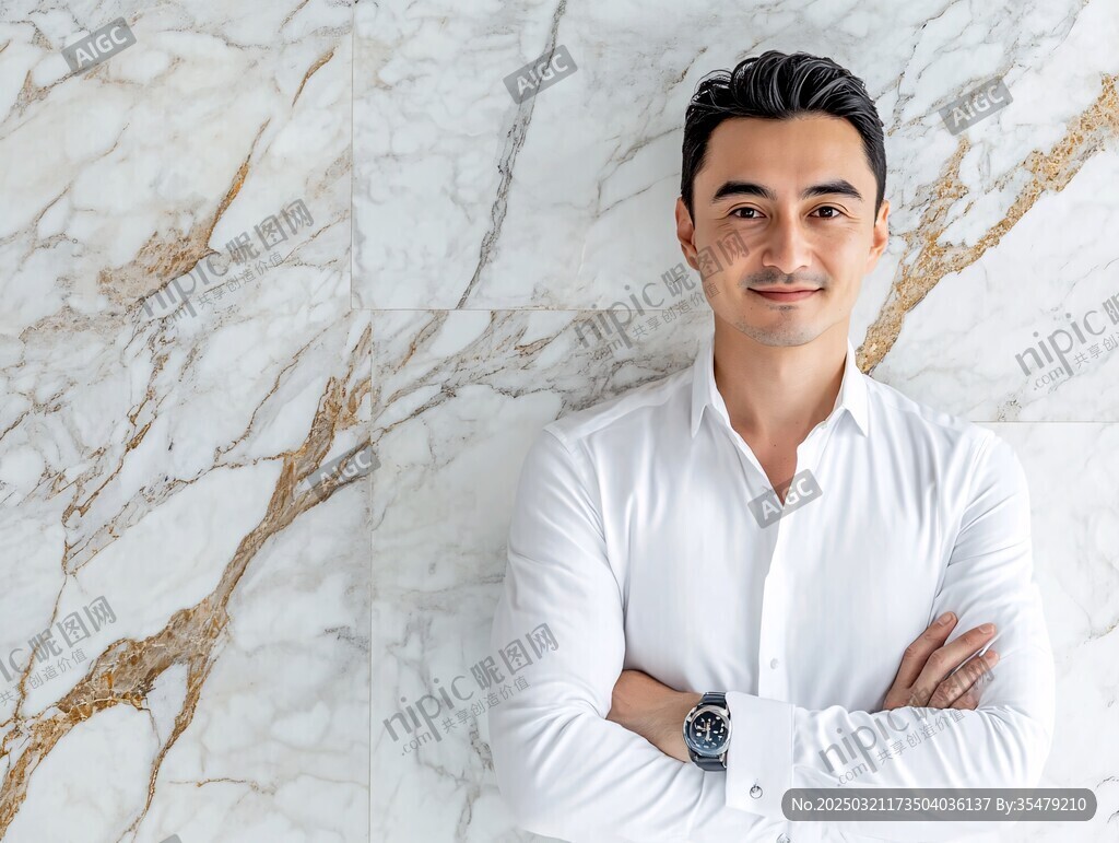 专业男士 白衬衫 自信 双臂交叉 手表 石材背景