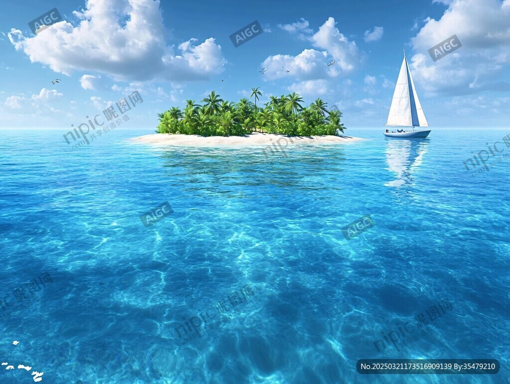 清澈蓝海中的孤岛与帆船