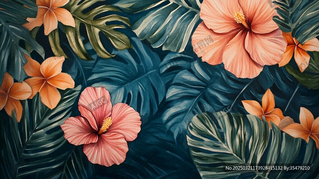 热带花卉与绿叶的绘画作品