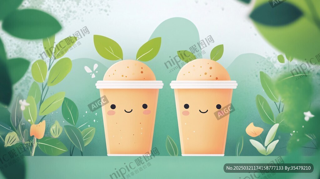 可爱奶茶杯在绿色森林中