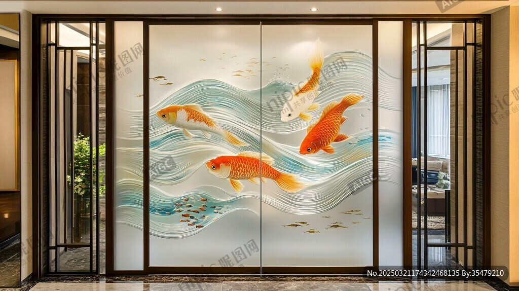 金鱼波浪纹玻璃艺术门
