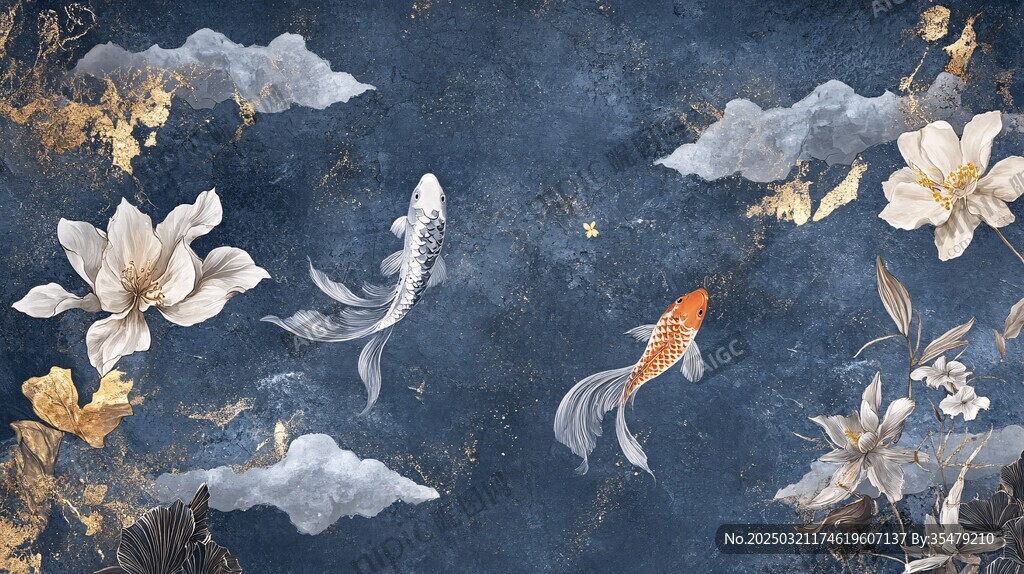金鱼云海花卉图