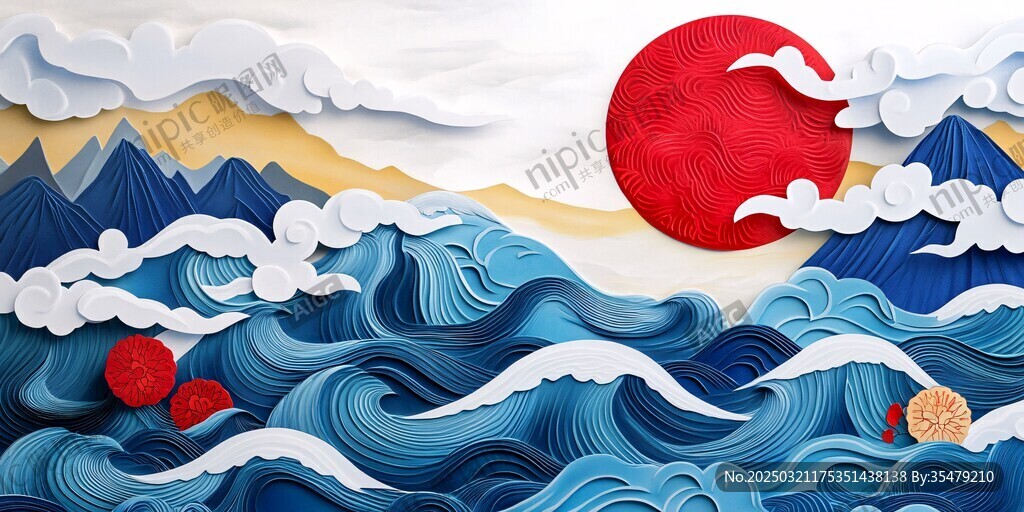 波涛汹涌的海浪与红日