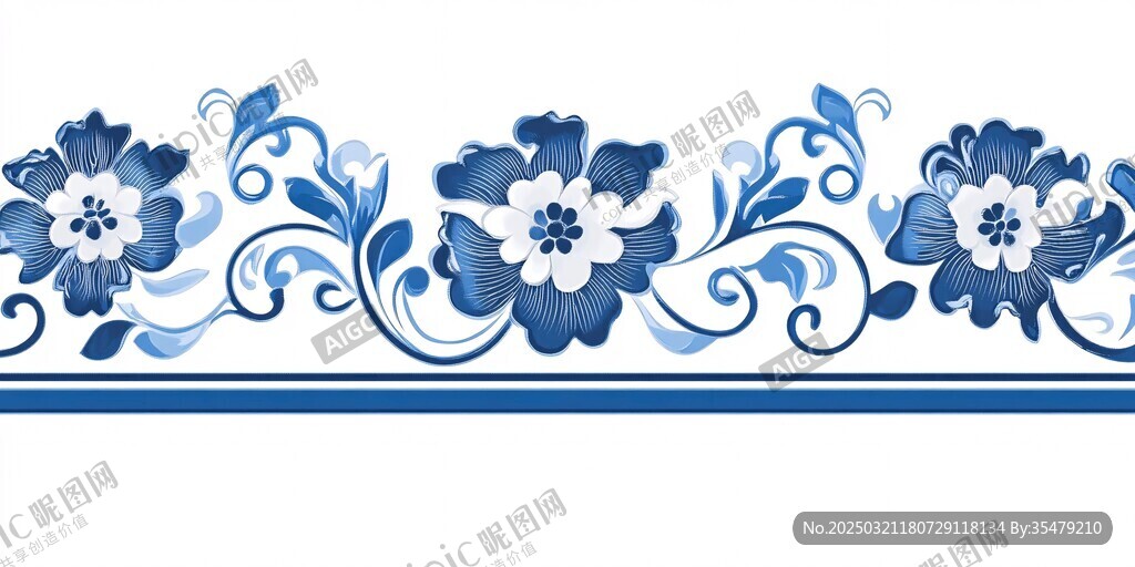 蓝白花卉图案的装饰性边框