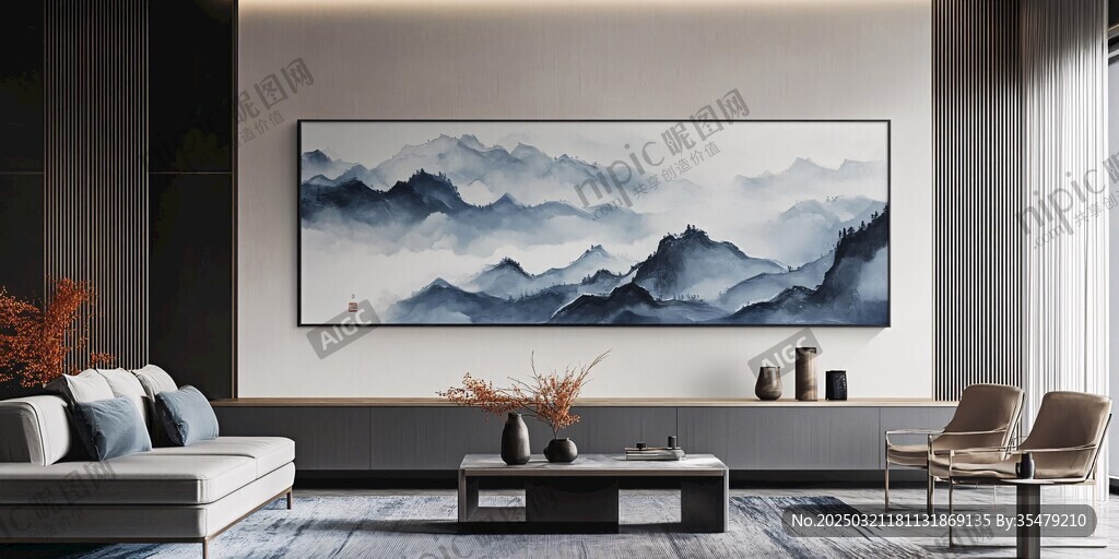 现代简约风格室内设计 墙上挂着抽象艺术画作