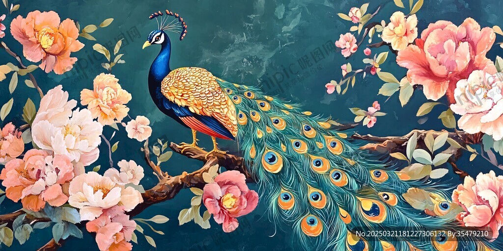 孔雀与花卉的绚丽盛宴