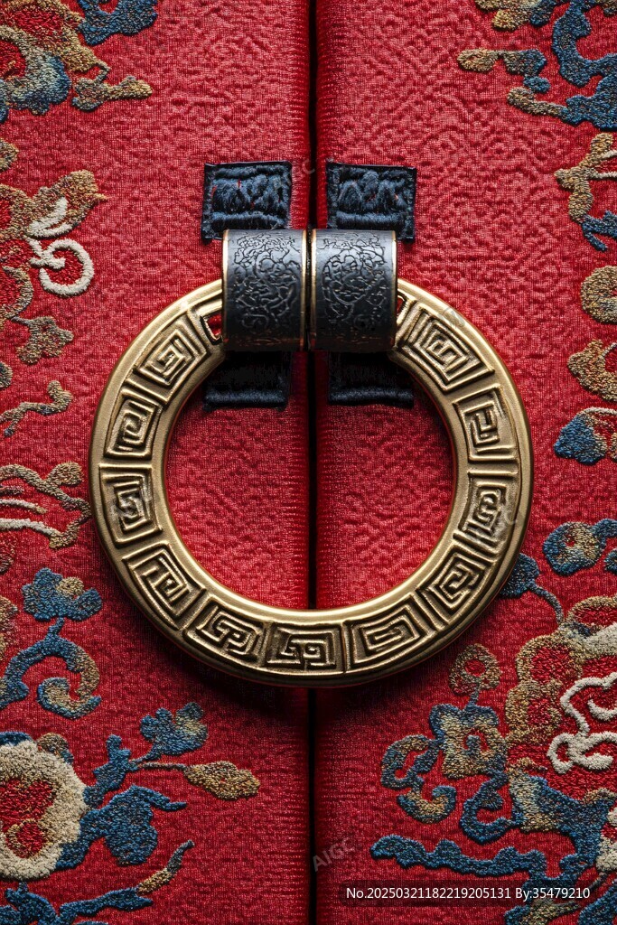 红色织锦上的金色环扣