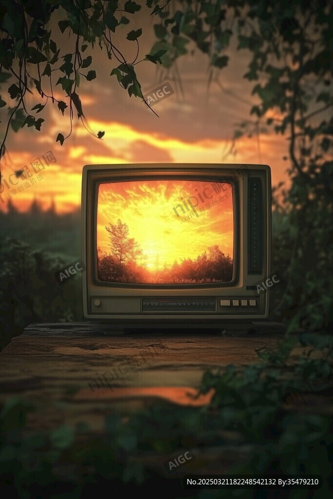 夕阳映照下的复古电视