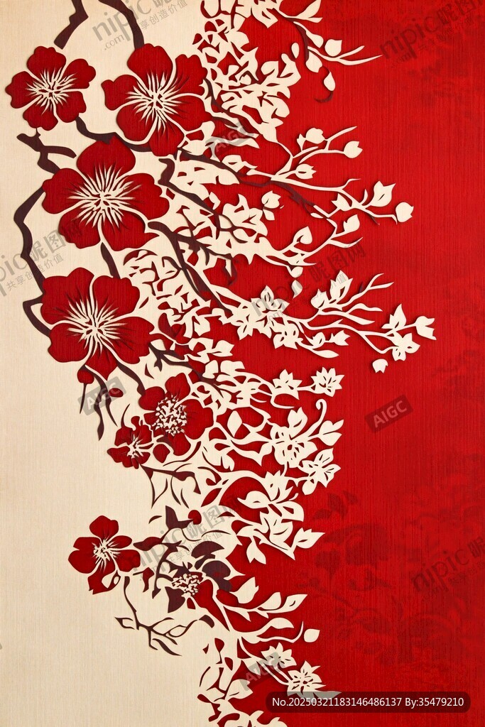 红白花卉剪纸艺术