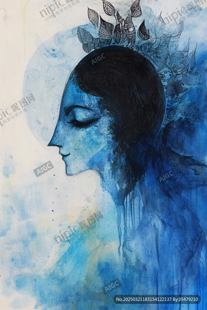 蓝色女神的水彩画