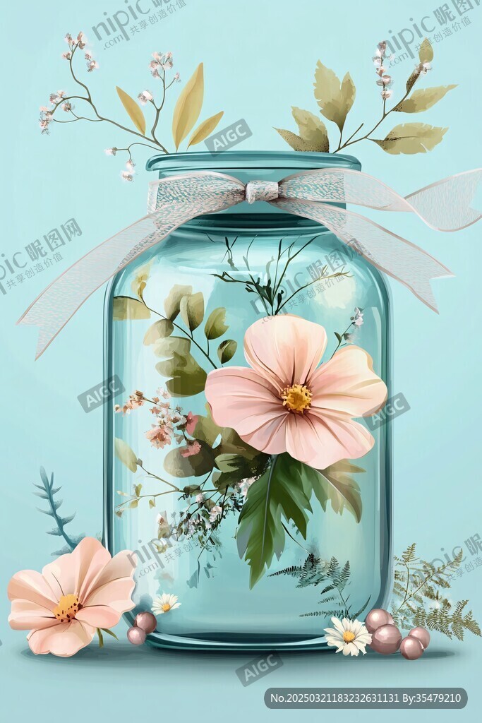 玻璃罐中的花卉与自然元素