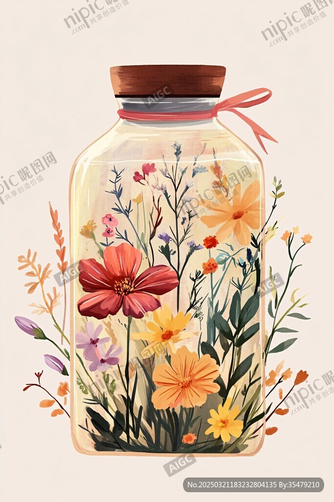 玻璃罐中的花卉插画