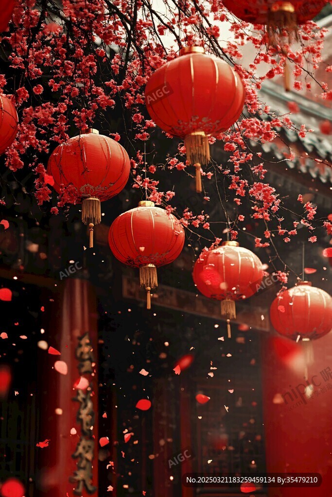 红色灯笼与梅花 中国传统美学