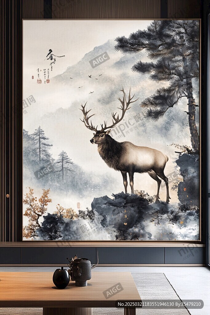 鹿角松山水画