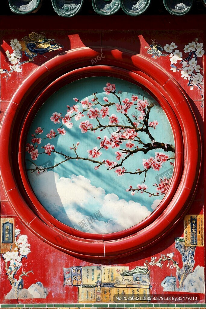 红墙上的梅花画