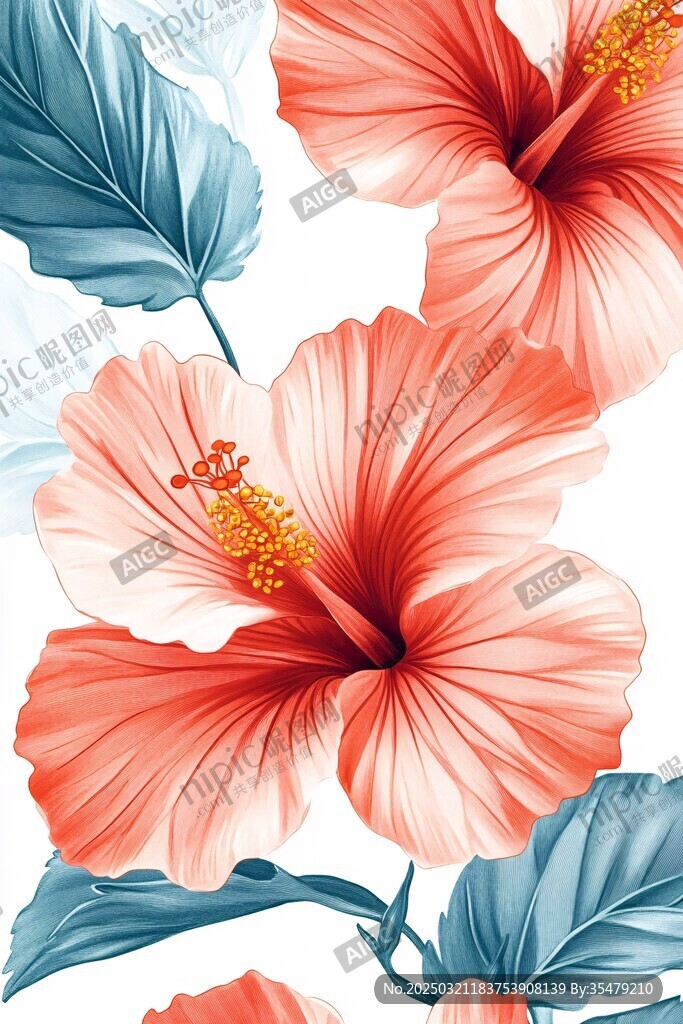 绚丽的木槿花与绿叶