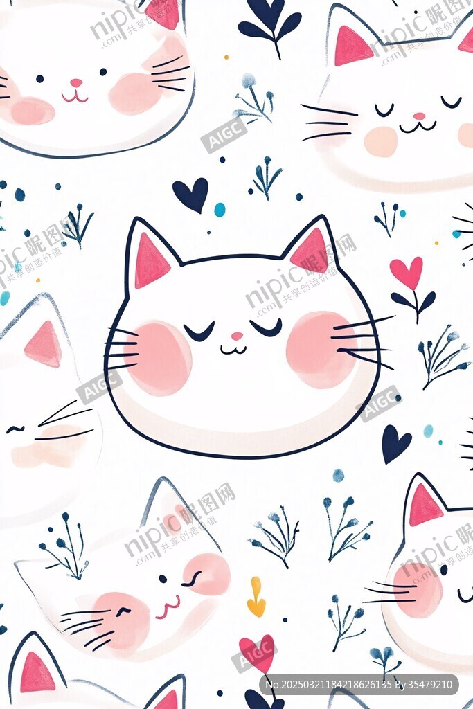 猫咪与花朵的甜蜜图案