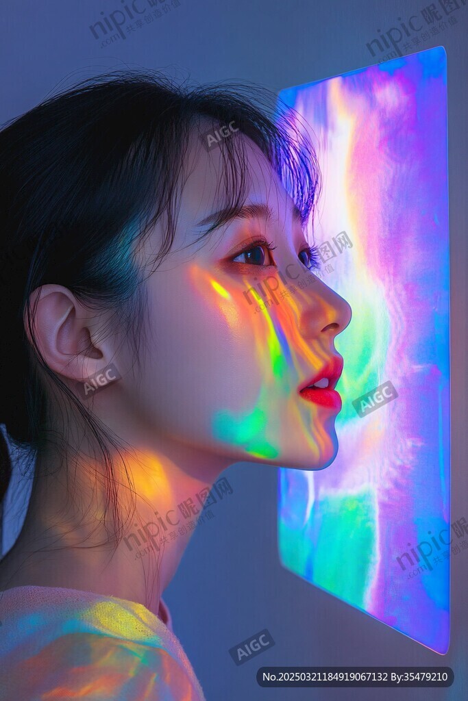 彩色光影下的侧脸美女