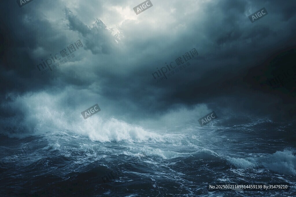 汹涌的海浪与阴暗的天空