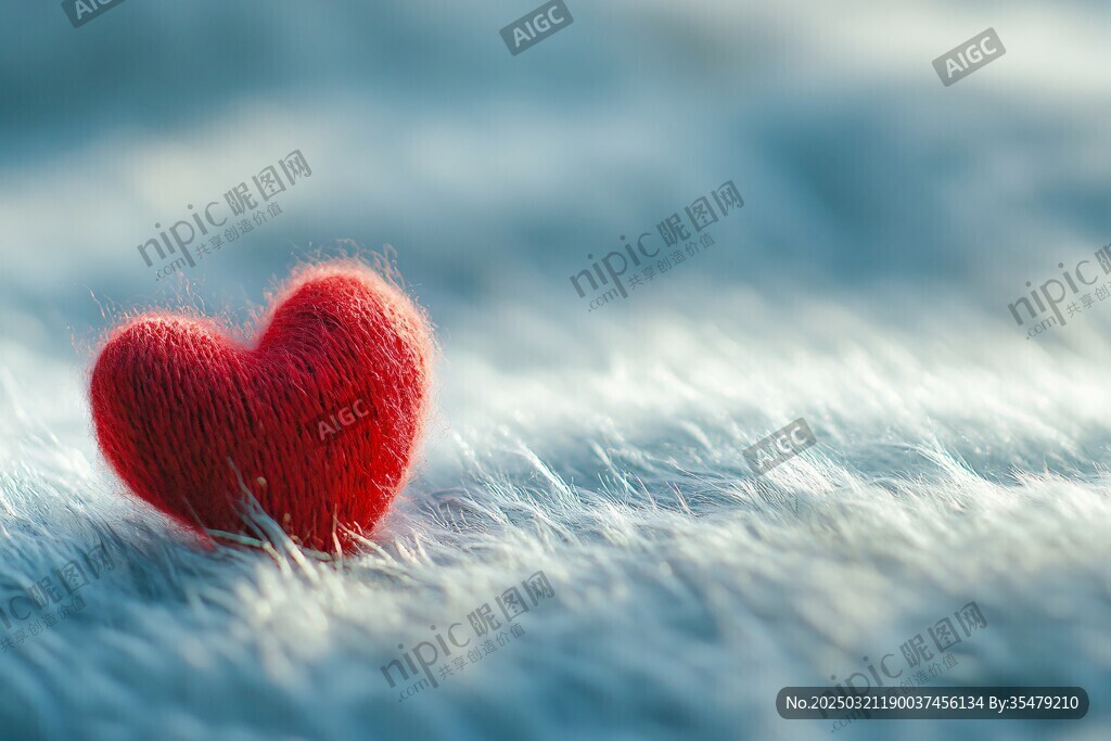 毛线编织的心形 安放在柔软的白色背景上