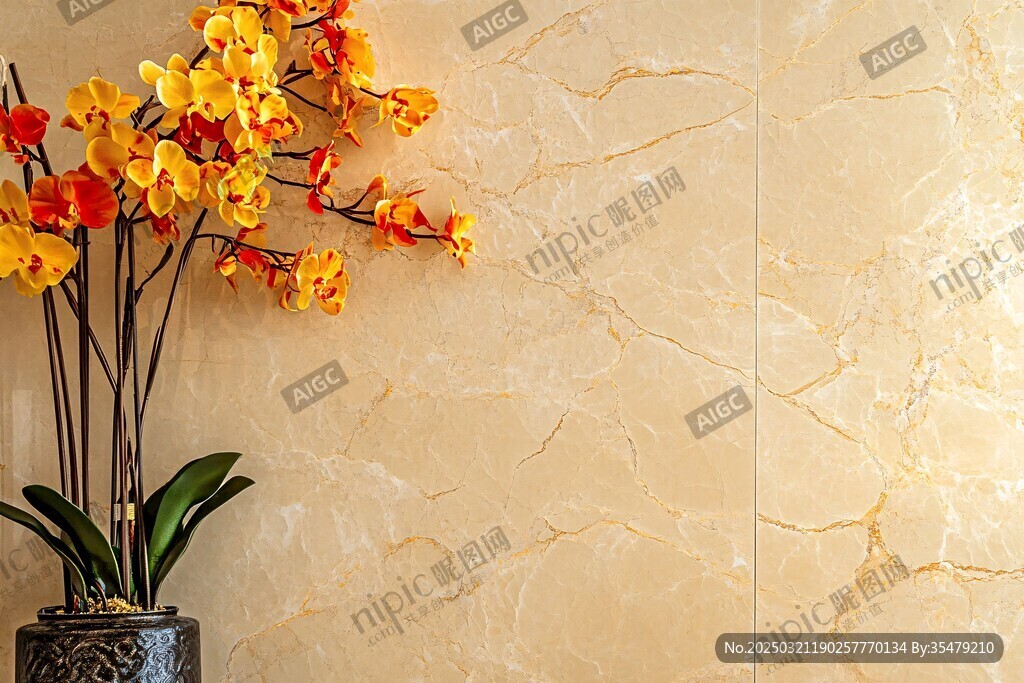 黄色蝴蝶兰与大理石纹理背景